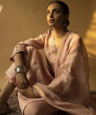 Pink chanderi plain kurta set 3