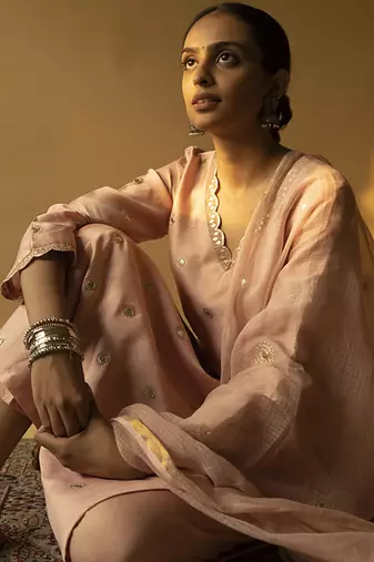 Pink chanderi plain kurta set