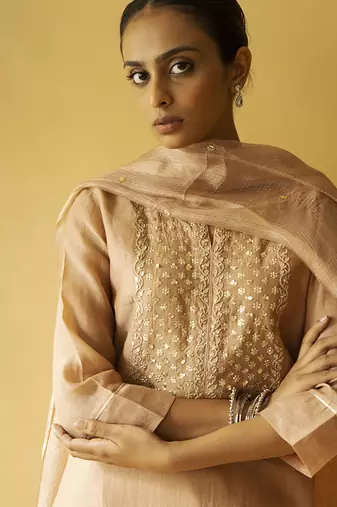 Beige chanderi embroidered kurta set