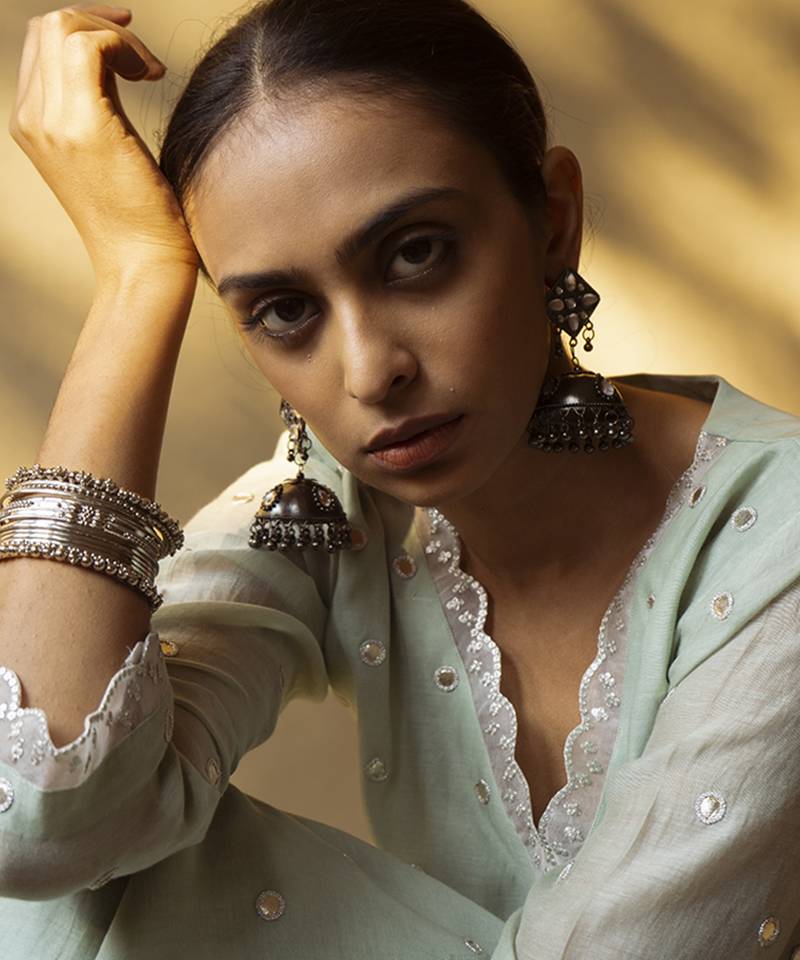 Light green chanderi embroidered kurta set