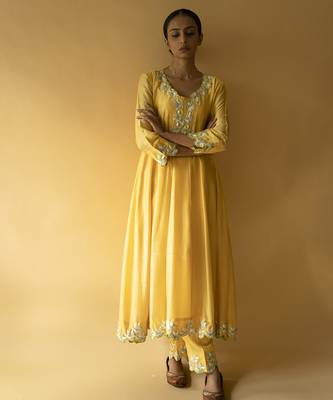Yellow cotton silk embroidered kurta set 1