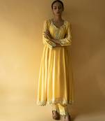 Yellow cotton silk embroidered kurta set