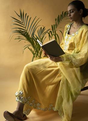 Yellow cotton silk embroidered kurta set 2