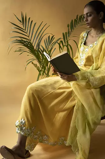 Yellow cotton silk embroidered kurta set
