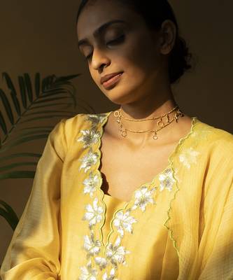 Yellow cotton silk embroidered kurta set 3