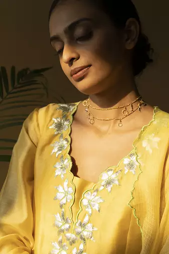 Yellow cotton silk embroidered kurta set