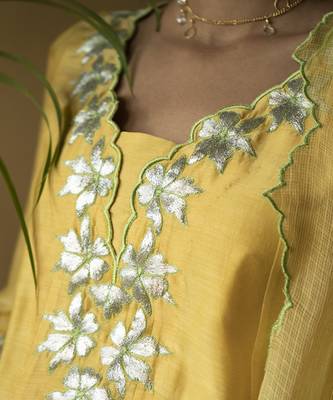 Yellow cotton silk embroidered kurta set 4