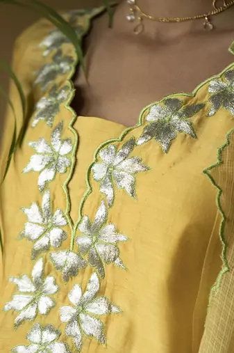 Yellow cotton silk embroidered kurta set