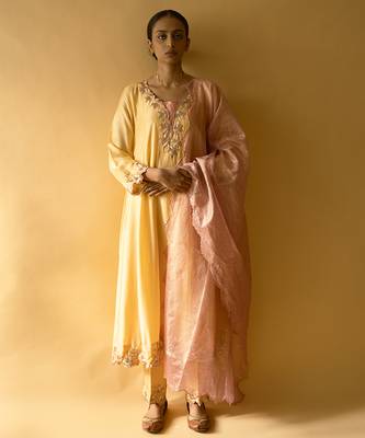 Yellow cotton silk embroidered kurta set 1