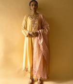 Yellow cotton silk embroidered kurta set