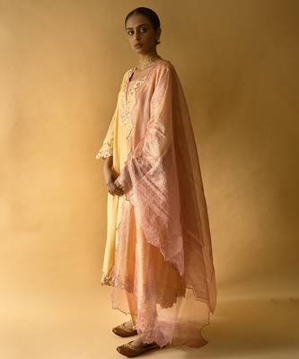 Yellow cotton silk embroidered kurta set 2