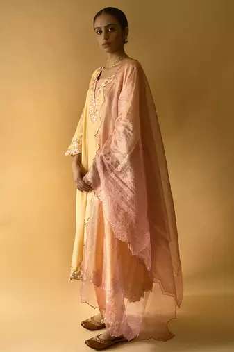 Yellow cotton silk embroidered kurta set