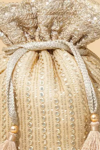 Beige silk embroidered potli bag