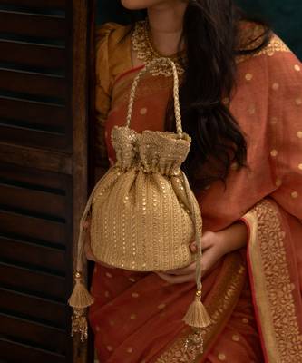 Beige silk embroidered potli bag 4