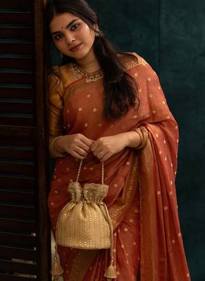 Beige silk embroidered potli bag 5