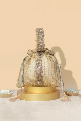 Gold silk embroidered potli bag