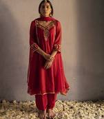 Red chanderi embroidered kurta set
