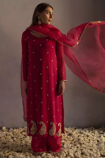 Red georgette embroidered kurta set