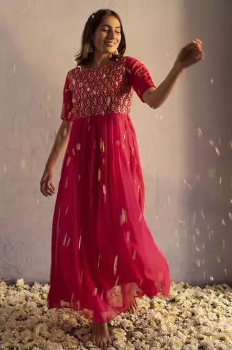 Pink chiffon embroidered gown with dupatta