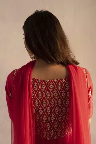 Pink chiffon embroidered gown with dupatta