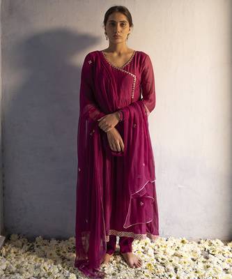Purple chanderi plain kurta set 1