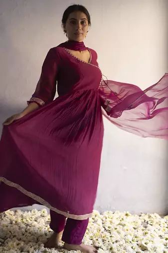 Purple chanderi plain kurta set