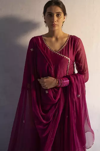Purple chanderi plain kurta set