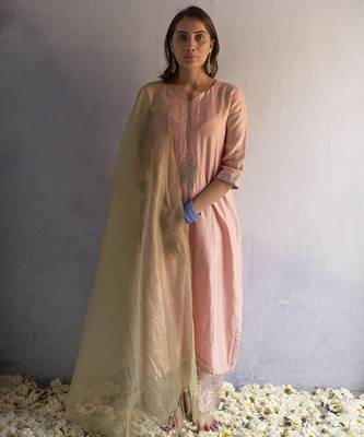 Pink chanderi plain kurta set 1