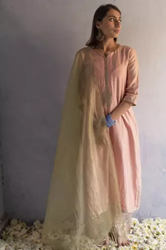Pink chanderi plain kurta set
