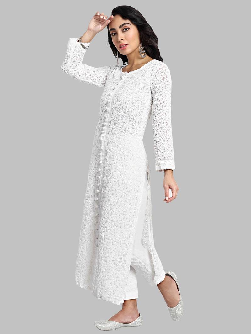 Hand embroidered white georgette lucknowi chikankari straight kurta