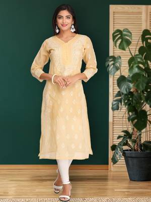 Hand embroidered fawn cotton lucknowi chikankari straight kurta 1