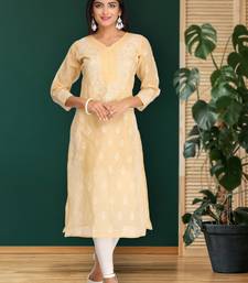 Hand embroidered fawn cotton lucknowi chikankari straight kurta
