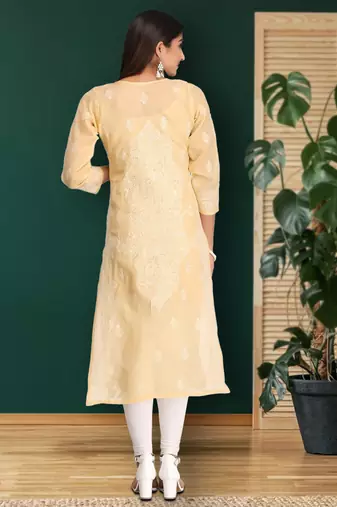 Hand embroidered fawn cotton lucknowi chikankari straight kurta