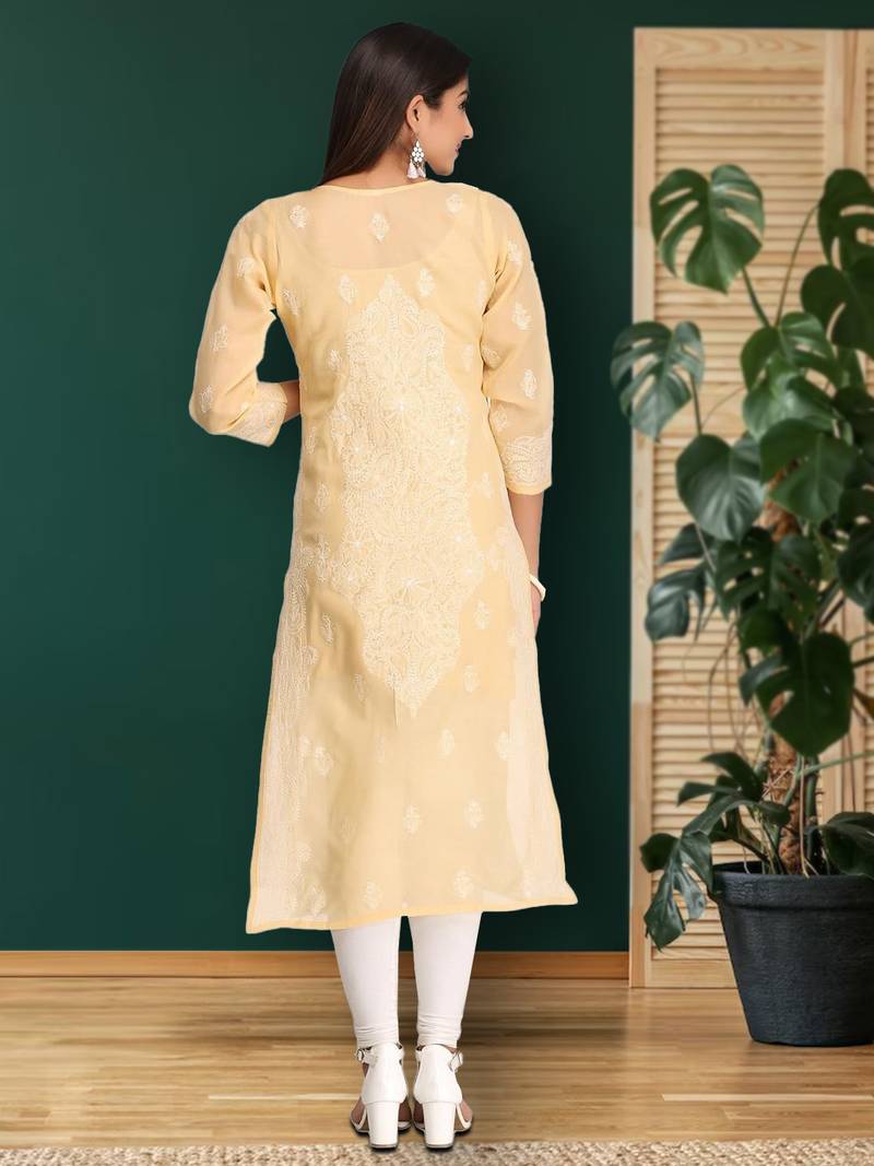 Hand embroidered fawn cotton lucknowi chikankari straight kurta