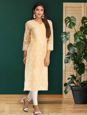 Hand embroidered fawn cotton lucknowi chikankari straight kurta 3