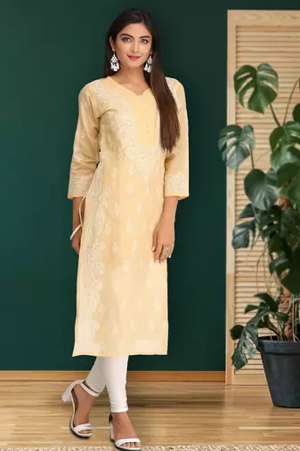 Hand embroidered fawn cotton lucknowi chikankari straight kurta