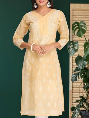 Hand embroidered fawn cotton lucknowi chikankari straight kurta 4
