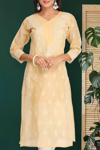 Hand embroidered fawn cotton lucknowi chikankari straight kurta
