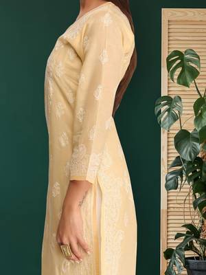 Hand embroidered fawn cotton lucknowi chikankari straight kurta 5