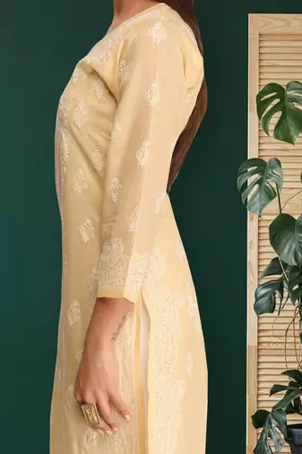 Hand embroidered fawn cotton lucknowi chikankari straight kurta