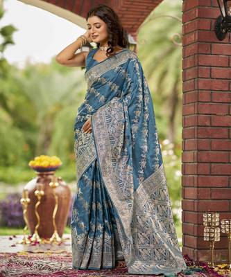 cyan blue satin Silk Blend woven jacquard work saree with blouse piece 1
