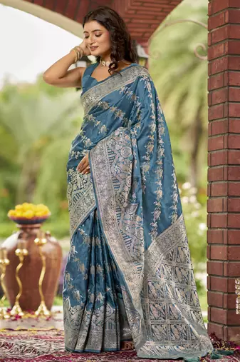 cyan blue satin Silk Blend woven jacquard work saree with blouse piece