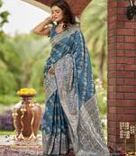 cyan blue satin Silk Blend woven jacquard work saree with blouse piece
