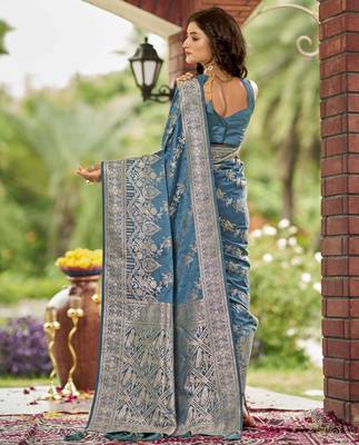 cyan blue satin Silk Blend woven jacquard work saree with blouse piece 3