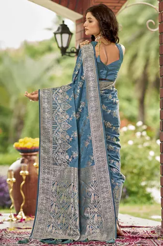 cyan blue satin Silk Blend woven jacquard work saree with blouse piece