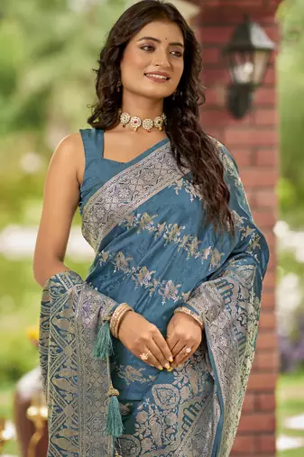 cyan blue satin Silk Blend woven jacquard work saree with blouse piece