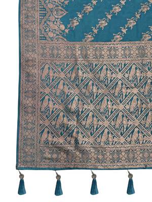 cyan blue satin Silk Blend woven jacquard work saree with blouse piece 6