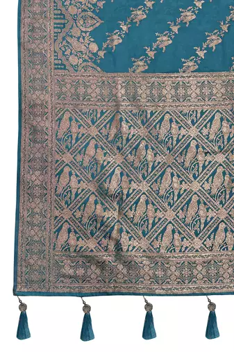 cyan blue satin Silk Blend woven jacquard work saree with blouse piece