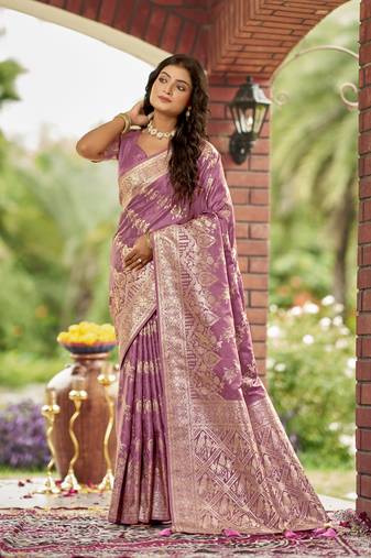 rose pink satin Silk Blend woven jacquard work saree with blouse piece
