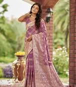 rose pink satin Silk Blend woven jacquard work saree with blouse piece